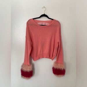 New Izaak Azanei Sagafurs Designer Cotton Fox Fur Pink Cuff Sweater Ruffle Small